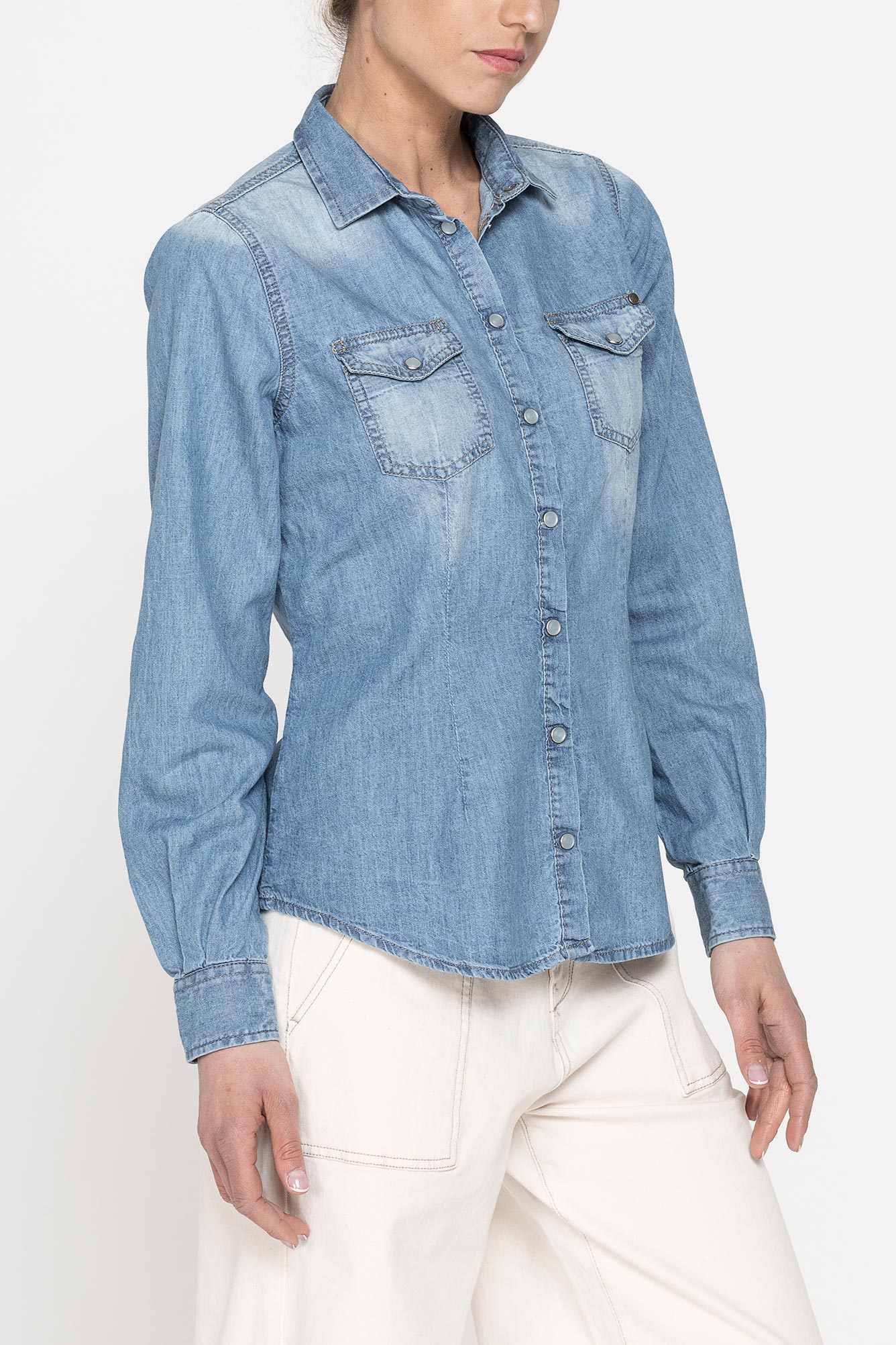 camicia in denim a maniche lunghe slim in puro cotone