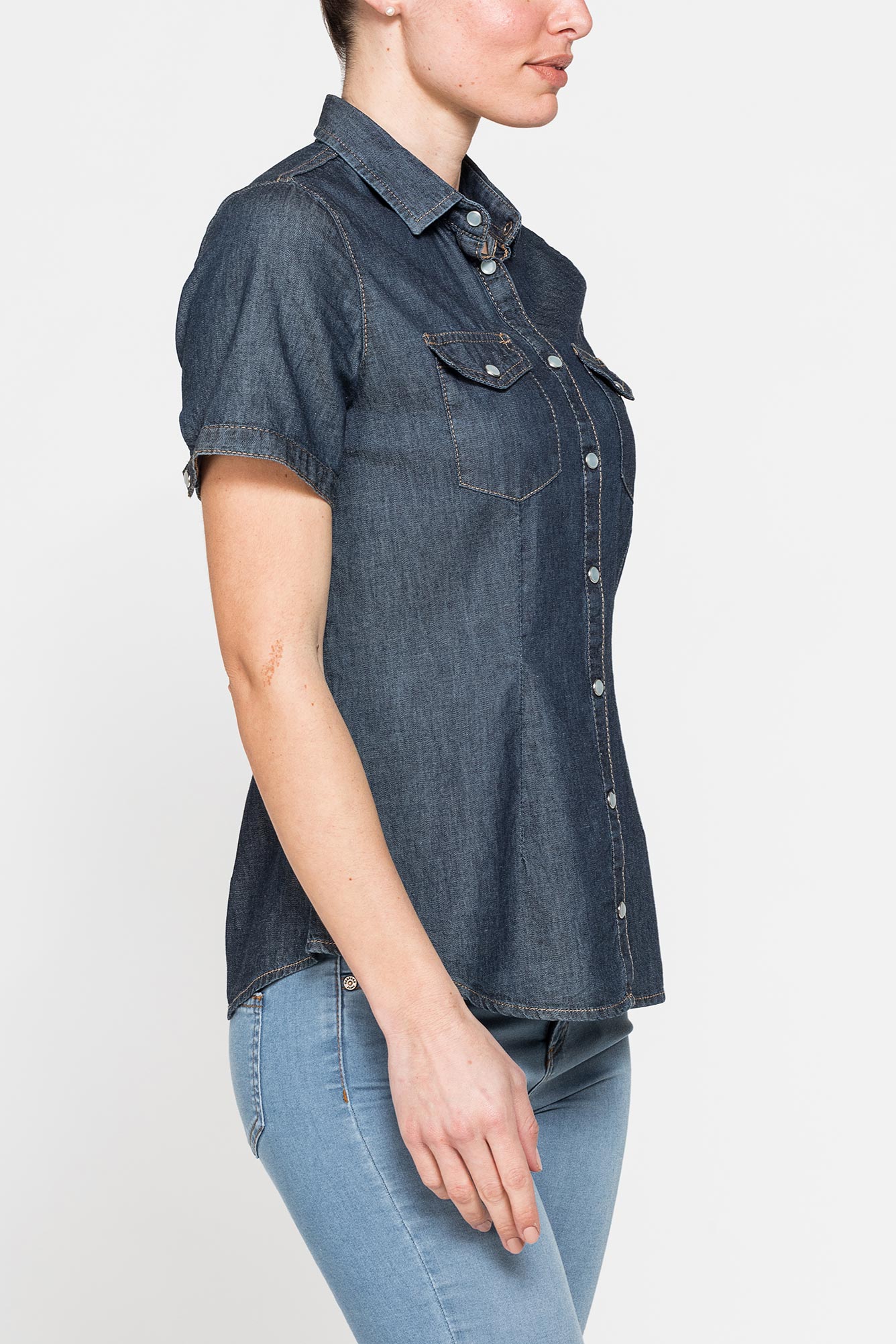 camicia slim fit a manica corta in denim leggero 7oz