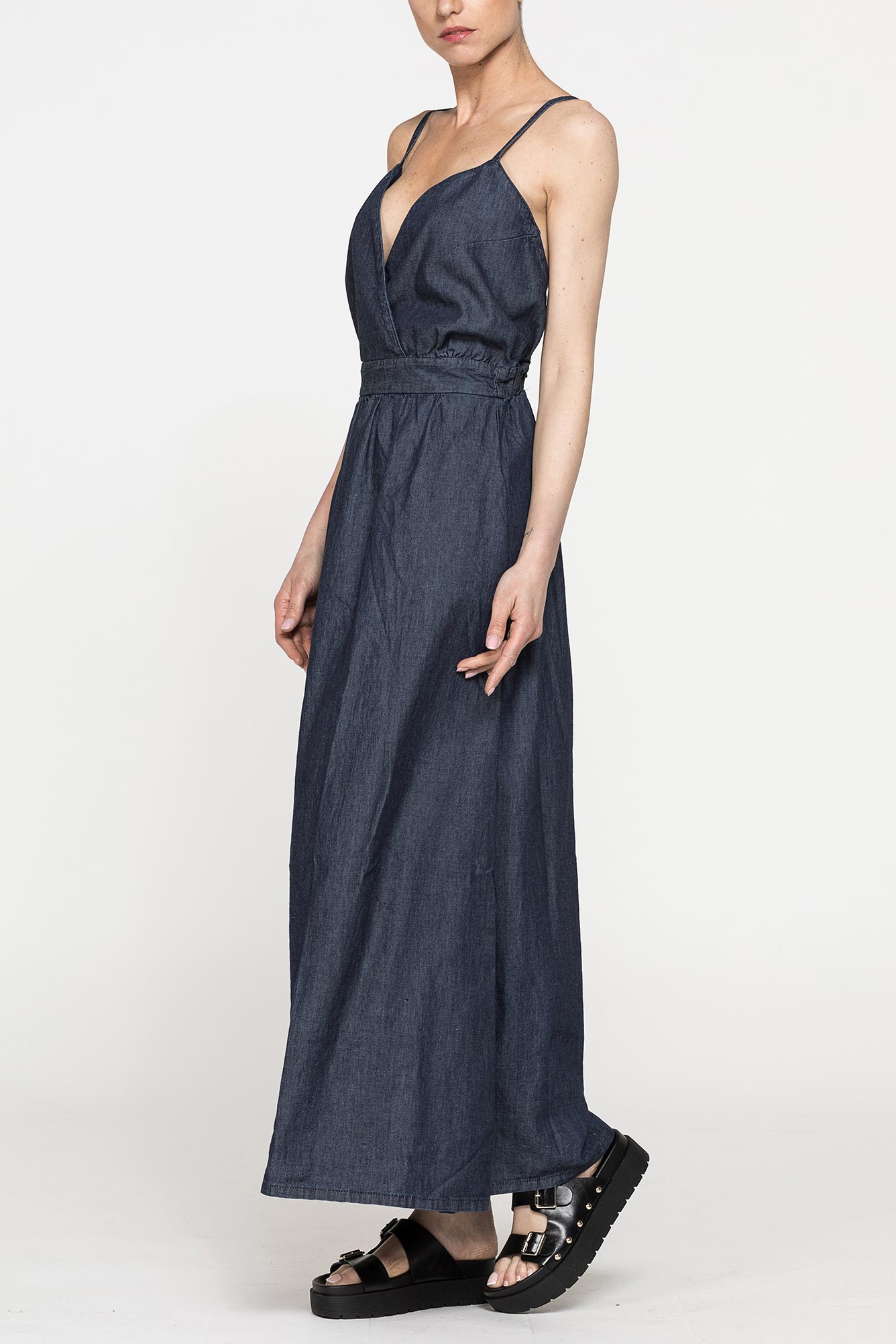 abito lungo con top incrociato in denim leggero 7oz