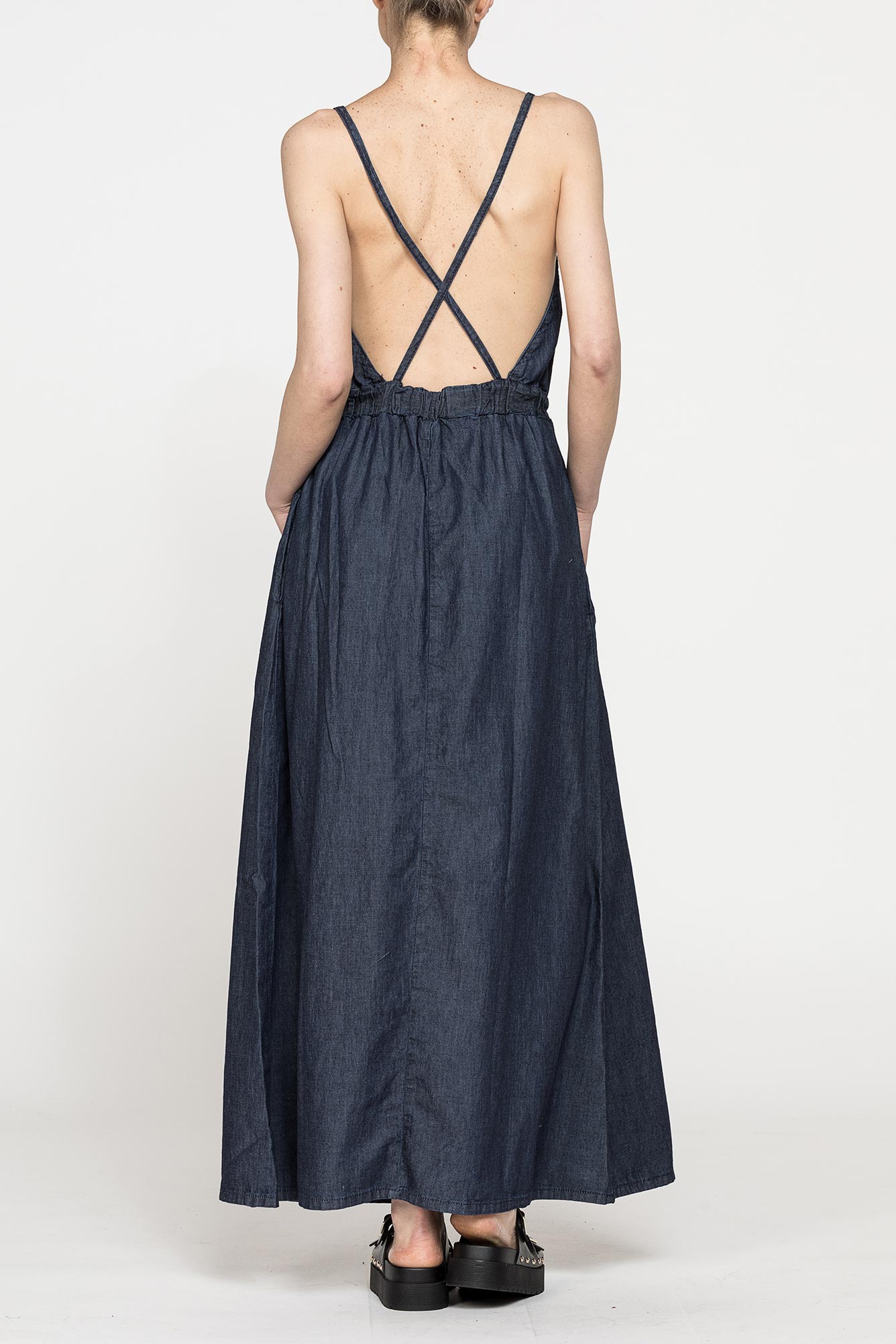 abito lungo con top incrociato in denim leggero 7oz