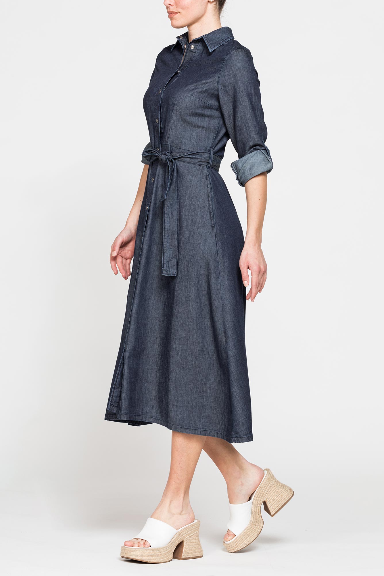 abito lungo con tasche frontali in denim leggero 7oz