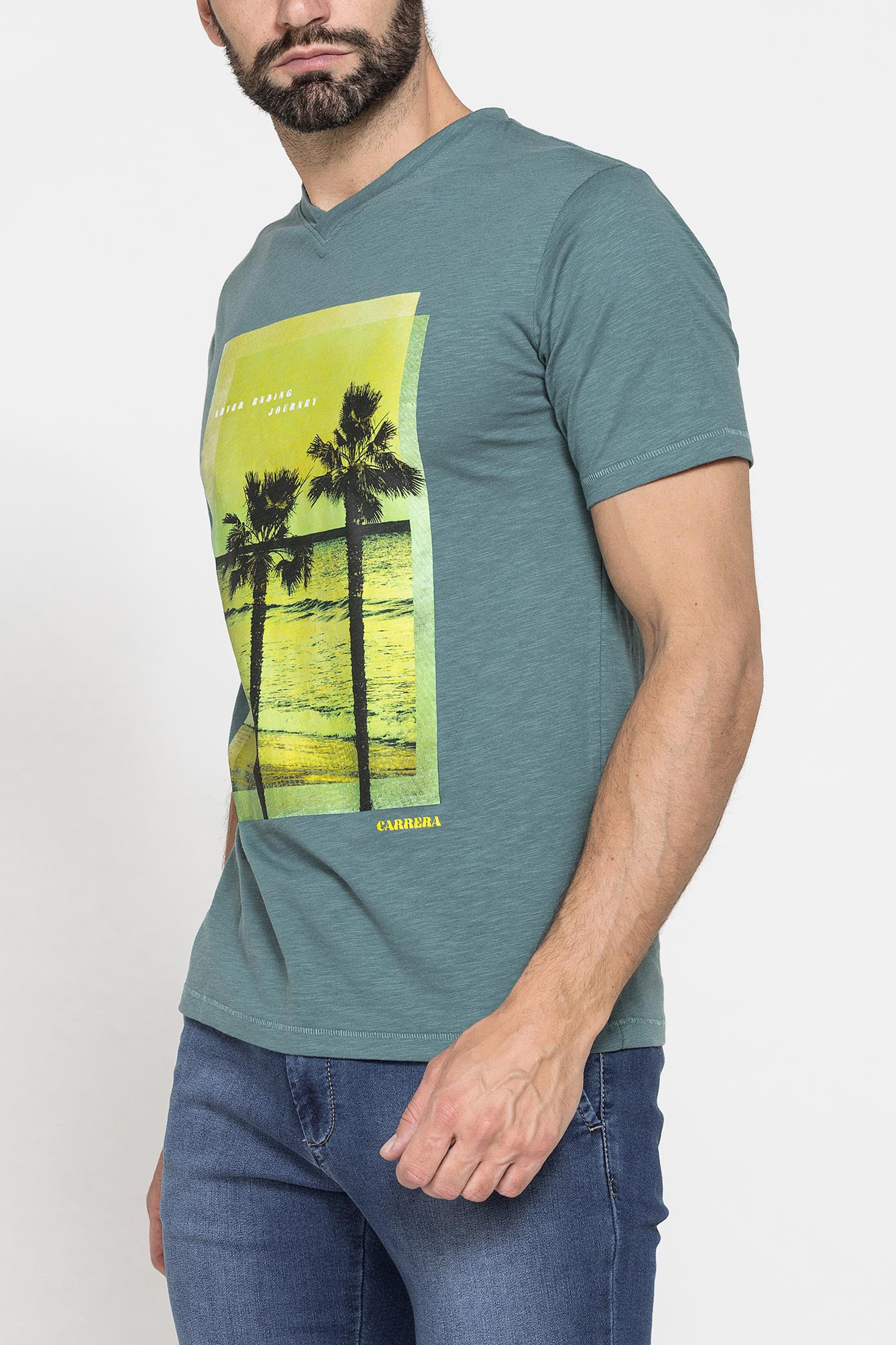 t shirt scollo a v corto, con stampa. in jersey fiammato di cotone t shirt scollo a v corto, con stampa. in jersey fiammato di cotone