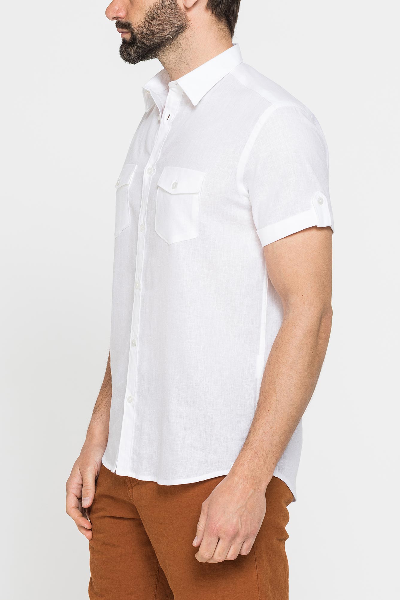 camicia a manica corta in tessuto di lino e lyocell