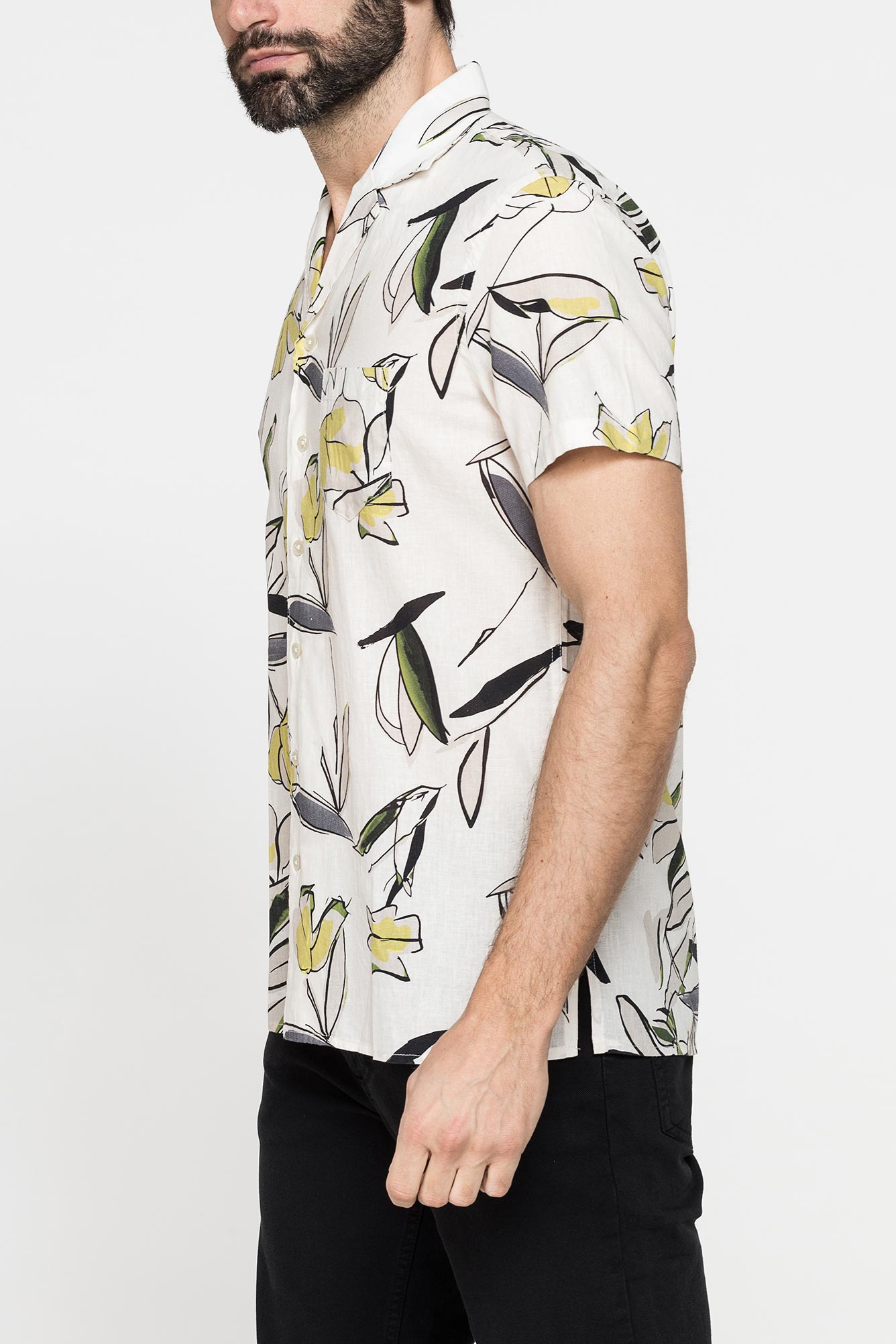 camicia bowling in tessuto tinto filo di lino cotone